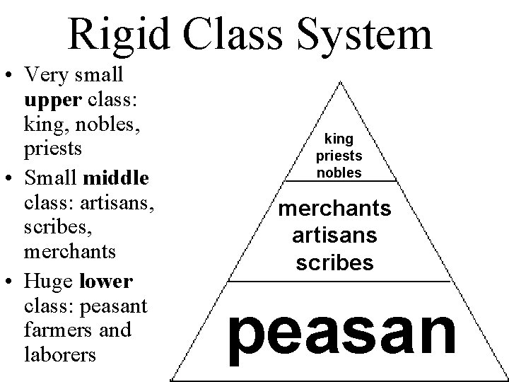 Rigid Class System • Very small upper class: king, nobles, priests • Small middle
