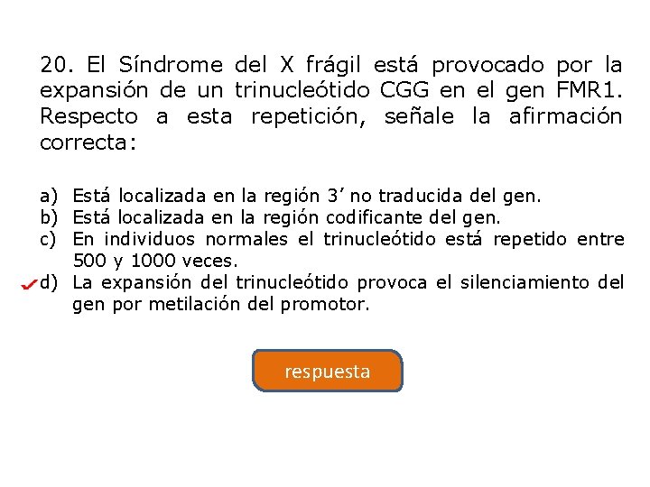 20. El Síndrome del X frágil está provocado por la expansión de un trinucleótido