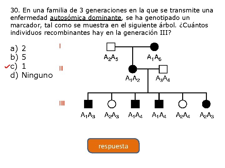 30. En una familia de 3 generaciones en la que se transmite una enfermedad