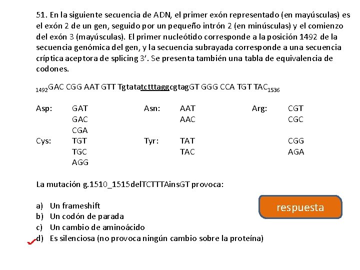 51. En la siguiente secuencia de ADN, el primer exón representado (en mayúsculas) es