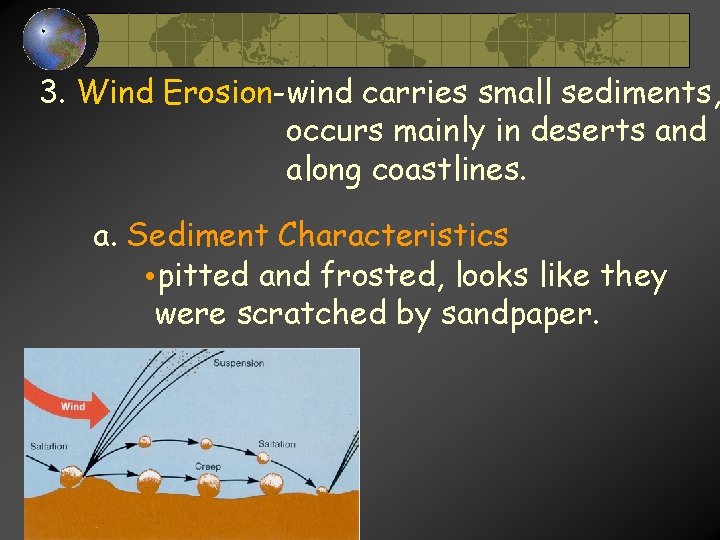 3. Wind Erosion-wind carries small sediments, occurs mainly in deserts and along coastlines. a. 3. Wind Erosion-wind carries small sediments, occurs mainly in deserts and along coastlines. a.