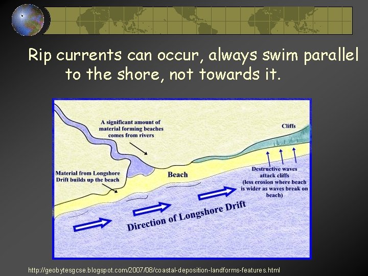 Rip currents can occur, always swim parallel to the shore, not towards it. http: Rip currents can occur, always swim parallel to the shore, not towards it. http: