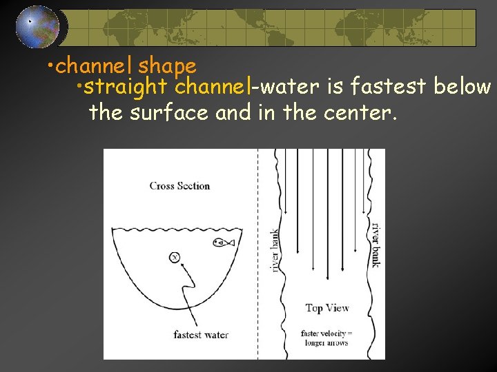 • channel shape • straight channel-water is fastest below the surface and in • channel shape • straight channel-water is fastest below the surface and in