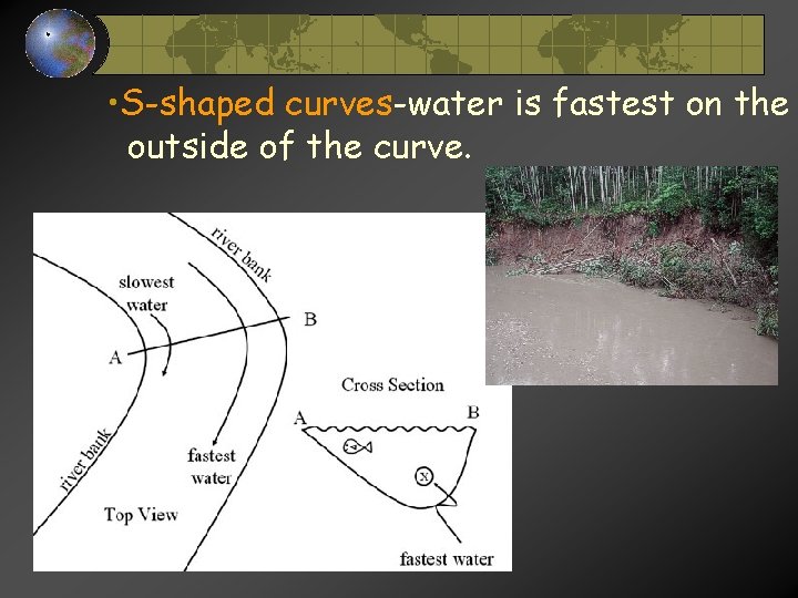 • S-shaped curves-water is fastest on the outside of the curve. • S-shaped curves-water is fastest on the outside of the curve.