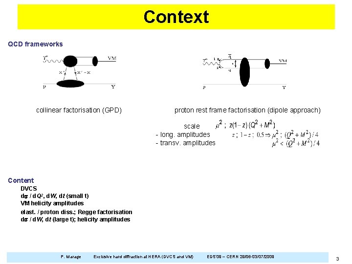 Context QCD frameworks collinear factorisation (GPD) proton rest frame factorisation (dipole approach) scale -