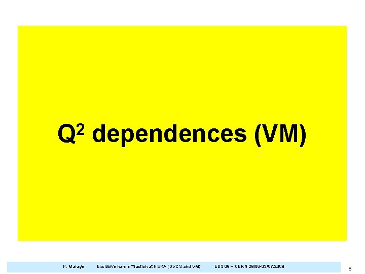 2 Q P. Marage dependences (VM) Exclusive hard diffraction at HERA (DVCS and VM)