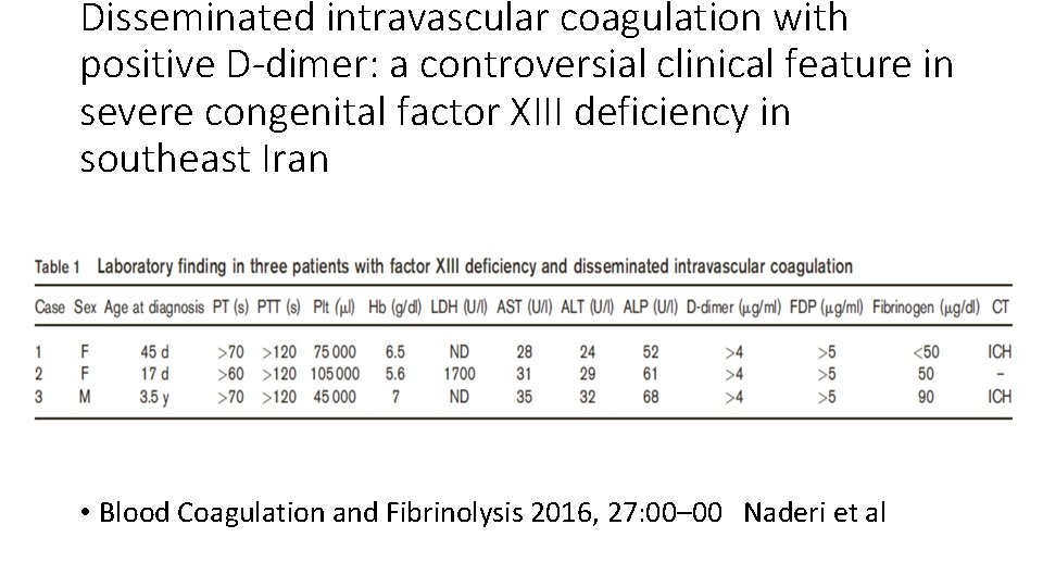 Disseminated intravascular coagulation with positive D-dimer: a controversial clinical feature in severe congenital factor Disseminated intravascular coagulation with positive D-dimer: a controversial clinical feature in severe congenital factor