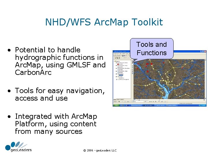 NHD/WFS Arc. Map Toolkit • Potential to handle hydrographic functions in Arc. Map, using