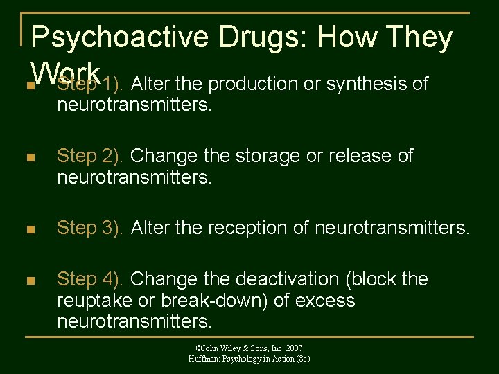 Psychoactive Drugs: How They n. Work Step 1). Alter the production or synthesis of