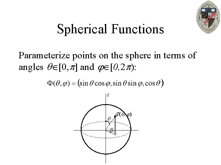 Spherical Functions Parameterize points on the sphere in terms of angles [0, ] and