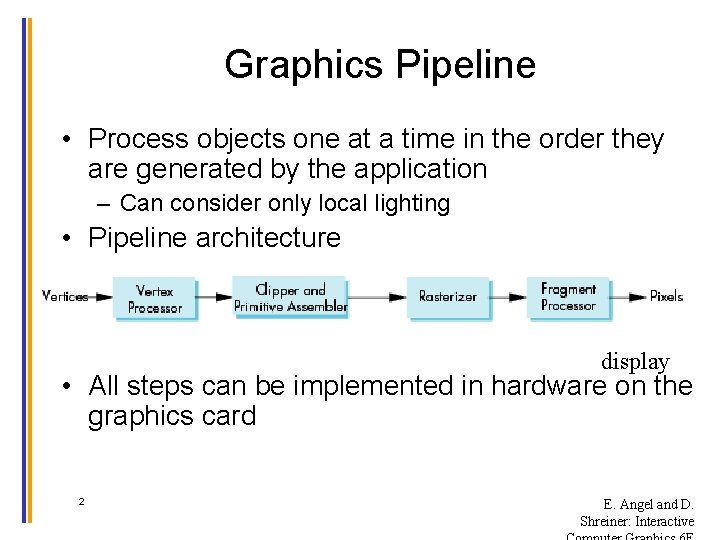 Graphics Pipeline • Process objects one at a time in the order they are