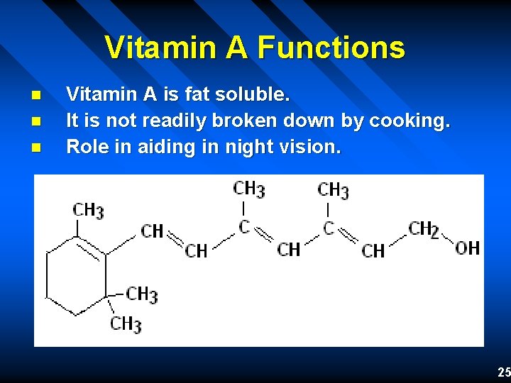 Vitamin A Functions n n n Vitamin A is fat soluble. It is not