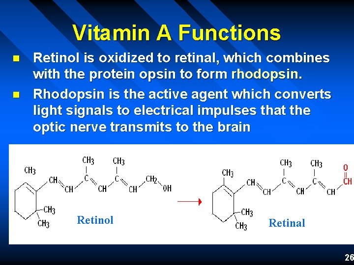 Vitamin A Functions n n Retinol is oxidized to retinal, which combines with the