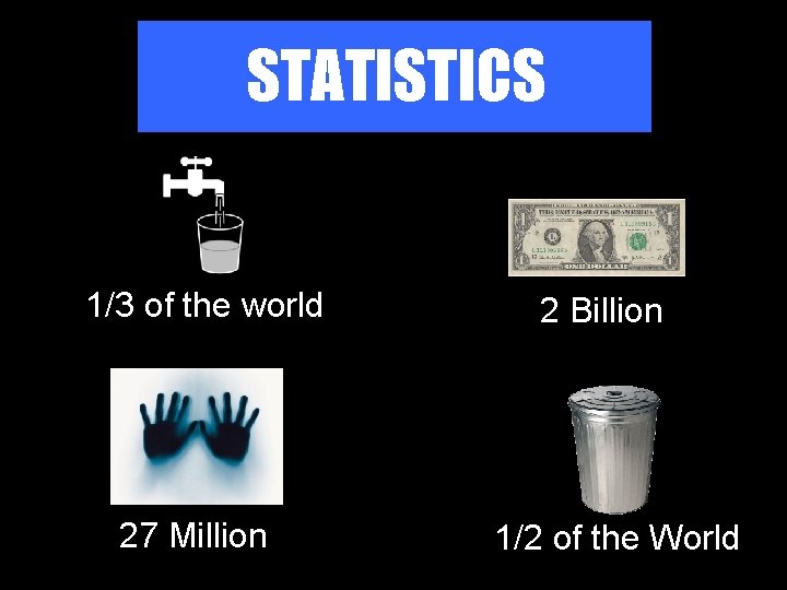 STATISTICS 1/3 of the world 27 Million 2 Billion 1/2 of the World 