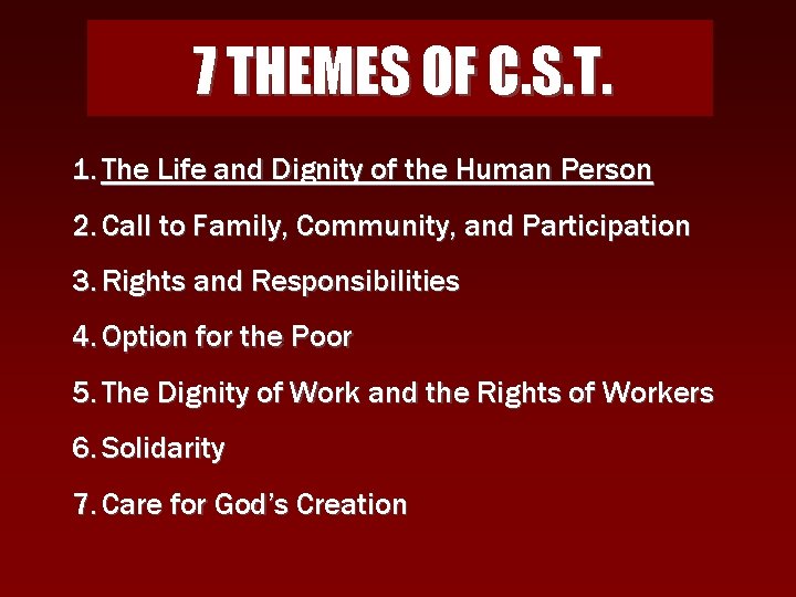 7 THEMES OF C. S. T. 1. The Life and Dignity of the Human