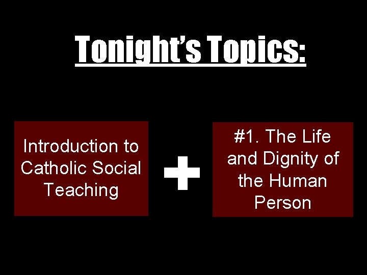 Tonight’s Topics: Introduction to Catholic Social Teaching #1. The Life and Dignity of the