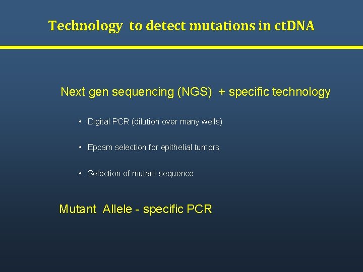 Technology to detect mutations in ct. DNA Next gen sequencing (NGS) + specific technology