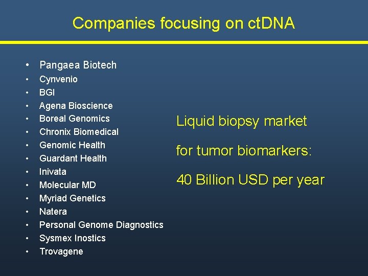 Companies focusing on ct. DNA • Pangaea Biotech • • • • Cynvenio BGI