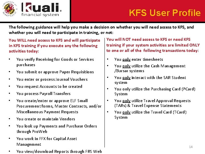 KFS User Profile The following guidance will help you make a decision on whether