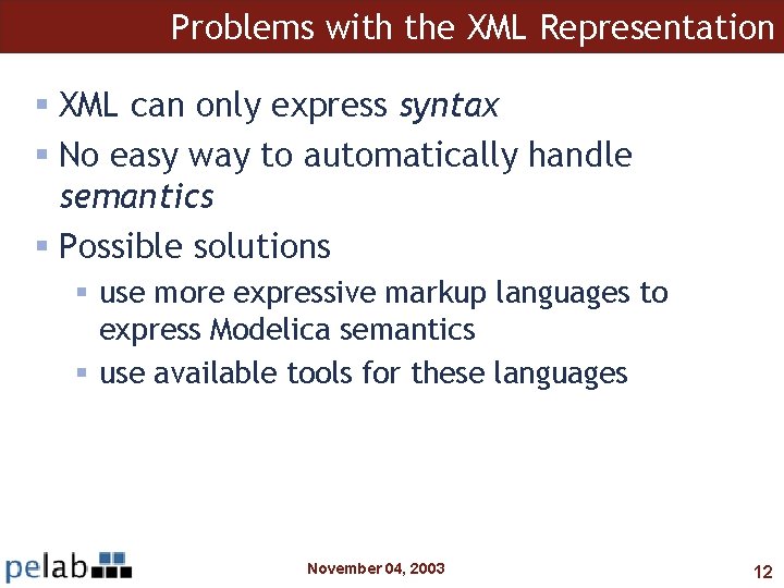 Problems with the XML Representation § XML can only express syntax § No easy