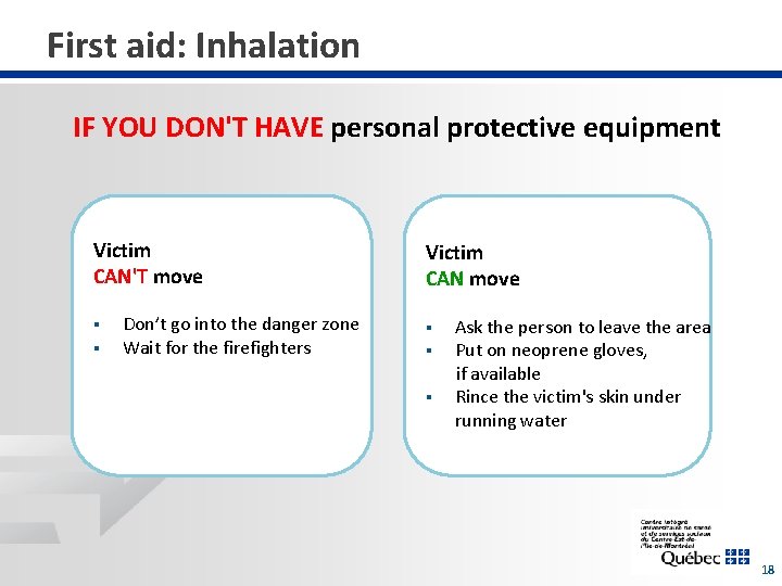 First aid: Inhalation IF YOU DON'T HAVE personal protective equipment Victim CAN'T move §