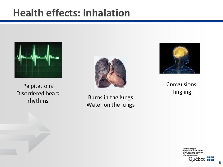 Health effects: Inhalation Palpitations Disordered heart rhythms Burns in the lungs Water on the