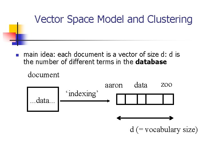 Vector Space Model and Clustering n main idea: each document is a vector of