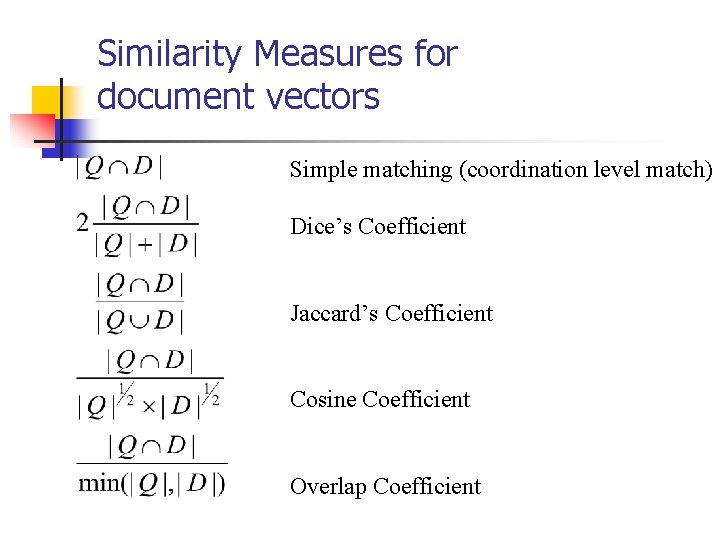 Similarity Measures for document vectors Simple matching (coordination level match) Dice’s Coefficient Jaccard’s Coefficient