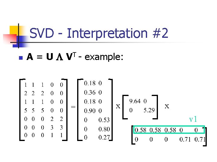 SVD - Interpretation #2 n A = U L VT - example: = x