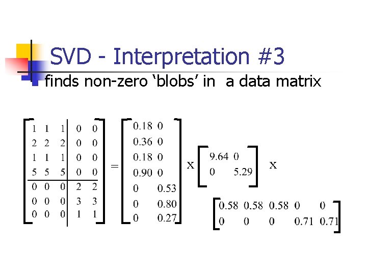 SVD - Interpretation #3 n finds non-zero ‘blobs’ in a data matrix = x