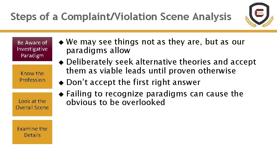 Steps of a Complaint/Violation Scene Analysis Be Aware of Investigative Paradigm Know the Profession Steps of a Complaint/Violation Scene Analysis Be Aware of Investigative Paradigm Know the Profession