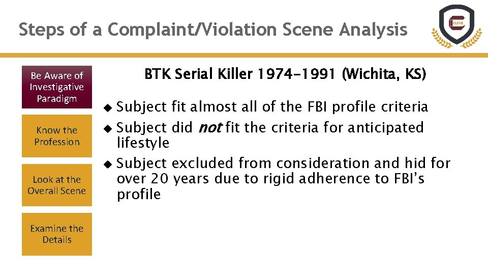 Steps of a Complaint/Violation Scene Analysis Be Aware of Investigative Paradigm Know the Profession Steps of a Complaint/Violation Scene Analysis Be Aware of Investigative Paradigm Know the Profession