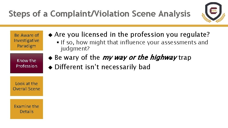 Steps of a Complaint/Violation Scene Analysis Be Aware of Investigative Paradigm Know the Profession Steps of a Complaint/Violation Scene Analysis Be Aware of Investigative Paradigm Know the Profession
