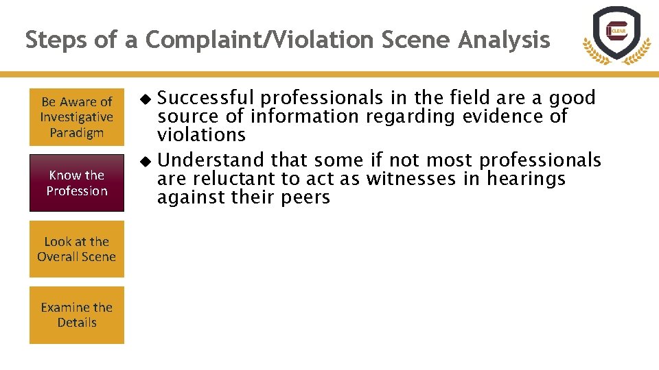 Steps of a Complaint/Violation Scene Analysis Be Aware of Investigative Paradigm Know the Profession Steps of a Complaint/Violation Scene Analysis Be Aware of Investigative Paradigm Know the Profession