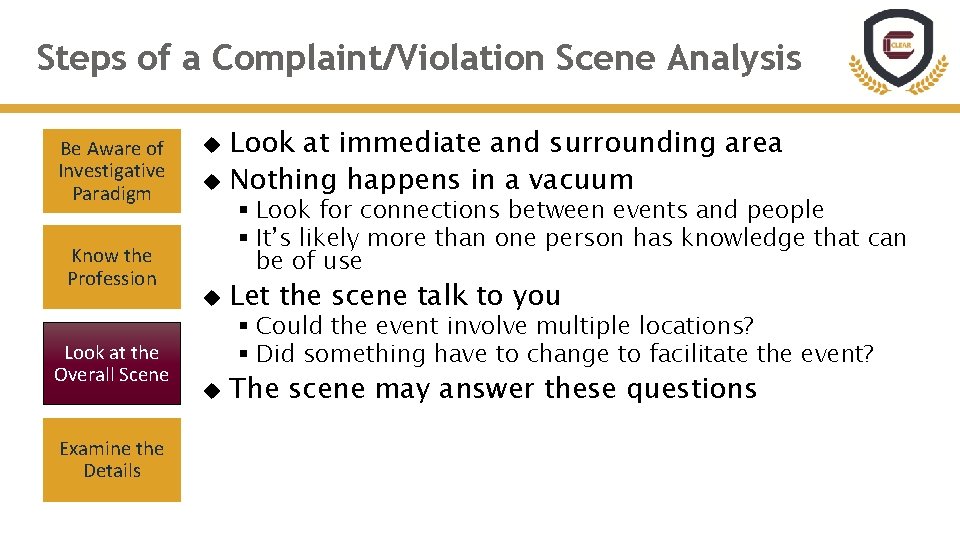 Steps of a Complaint/Violation Scene Analysis Be Aware of Investigative Paradigm Know the Profession Steps of a Complaint/Violation Scene Analysis Be Aware of Investigative Paradigm Know the Profession
