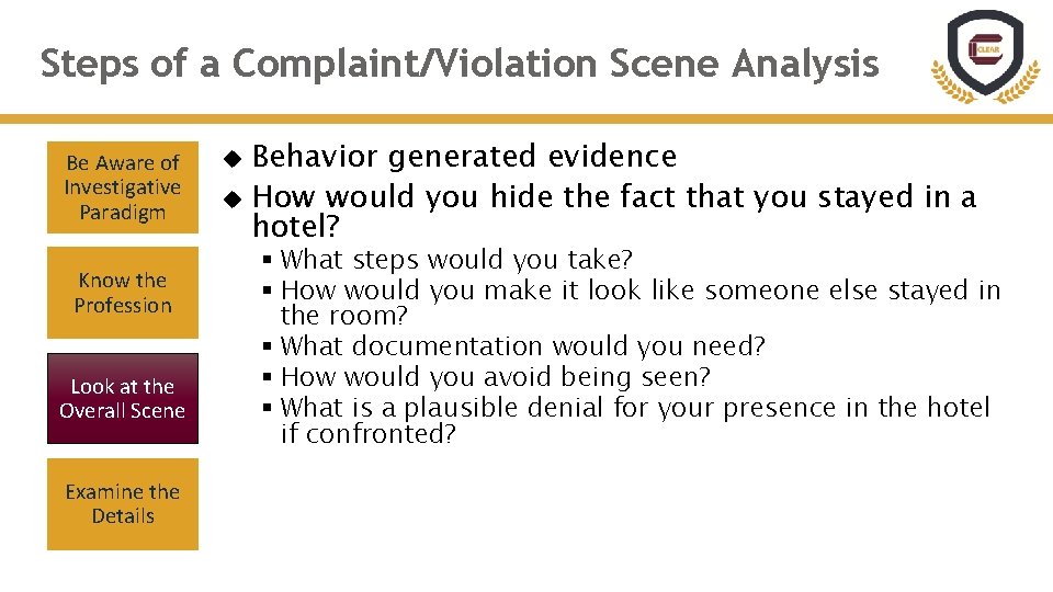 Steps of a Complaint/Violation Scene Analysis Be Aware of Investigative Paradigm Know the Profession Steps of a Complaint/Violation Scene Analysis Be Aware of Investigative Paradigm Know the Profession