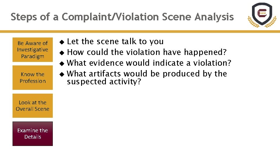 Steps of a Complaint/Violation Scene Analysis Be Aware of Investigative Paradigm Know the Profession Steps of a Complaint/Violation Scene Analysis Be Aware of Investigative Paradigm Know the Profession