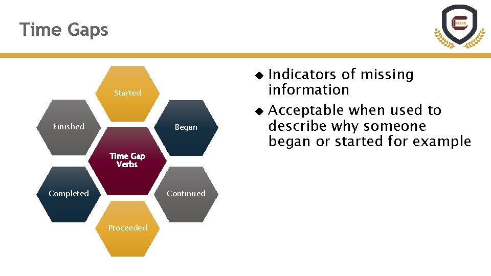 Time Gaps Indicators of missing information Acceptable when used to describe why someone began Time Gaps Indicators of missing information Acceptable when used to describe why someone began