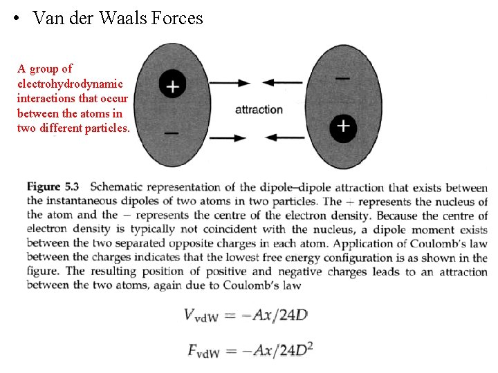  • Van der Waals Forces A group of electrohydrodynamic interactions that occur between