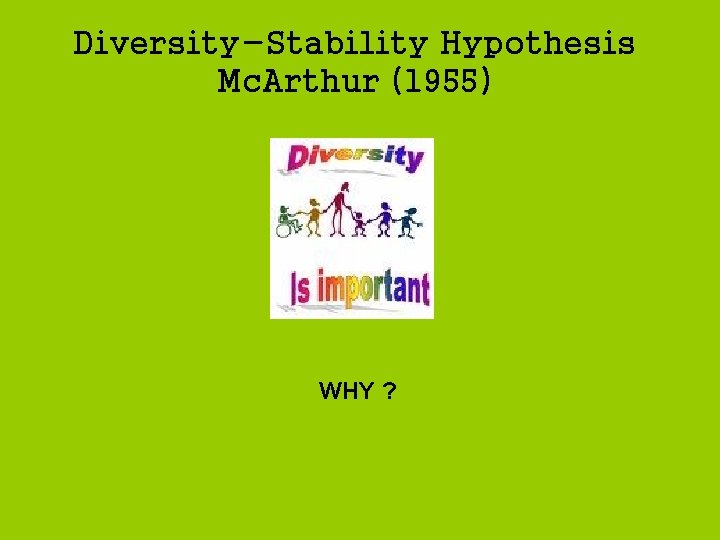 Diversity-Stability Hypothesis Mc. Arthur (1955) WHY ? 