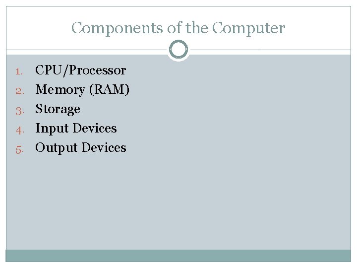 Components of the Computer 1. 2. 3. 4. 5. CPU/Processor Memory (RAM) Storage Input