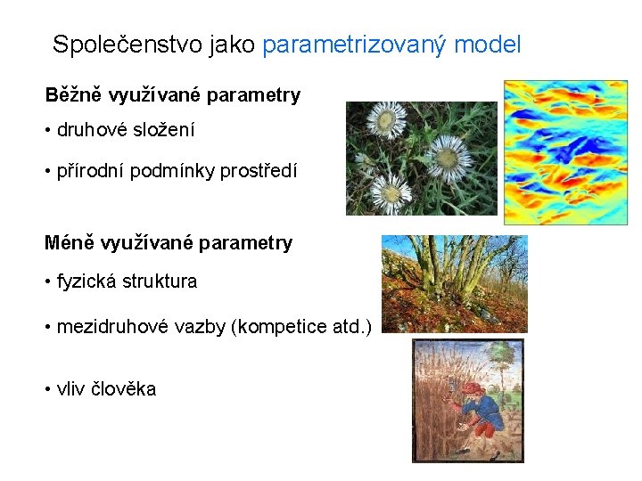 Společenstvo jako parametrizovaný model Běžně využívané parametry • druhové složení • přírodní podmínky prostředí
