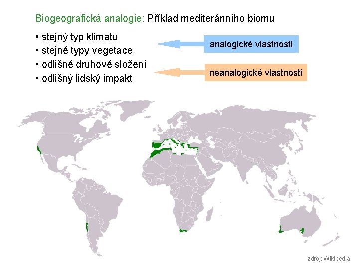 Biogeografická analogie: Příklad mediteránního biomu • stejný typ klimatu • stejné typy vegetace •