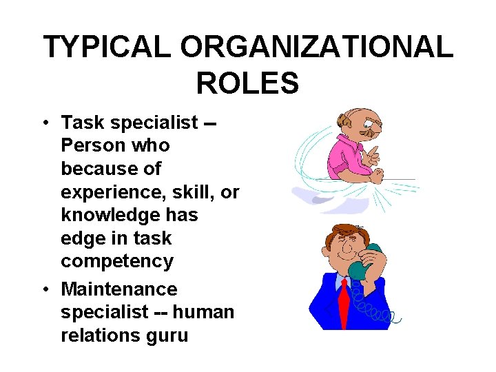 TYPICAL ORGANIZATIONAL ROLES • Task specialist -Person who because of experience, skill, or knowledge