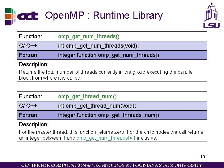 Open. MP : Runtime Library Function: omp_get_num_threads() C/ C++ int omp_get_num_threads(void); Fortran integer function