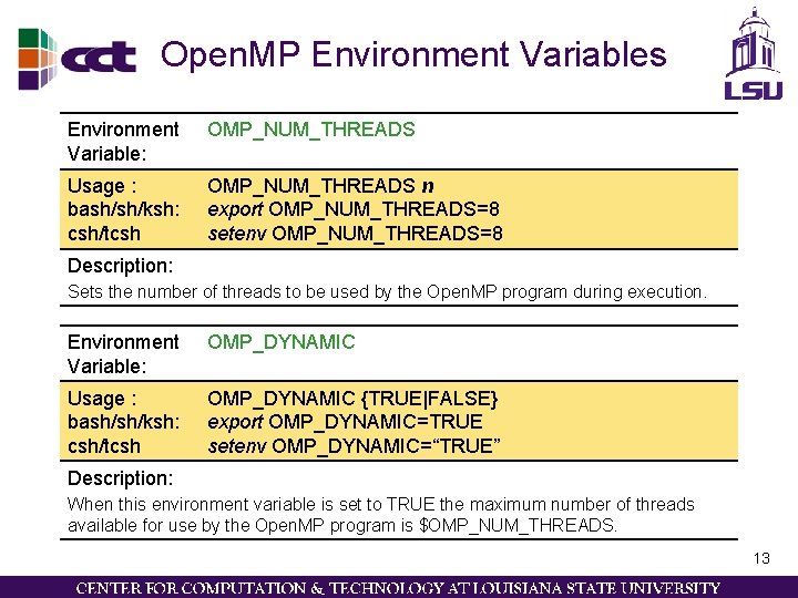 Open. MP Environment Variables Environment Variable: OMP_NUM_THREADS Usage : bash/sh/ksh: csh/tcsh OMP_NUM_THREADS n export