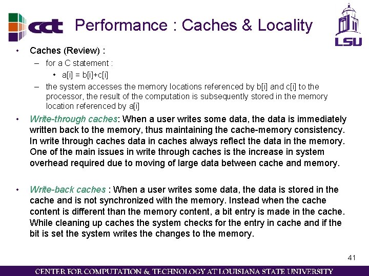 Performance : Caches & Locality • Caches (Review) : – for a C statement