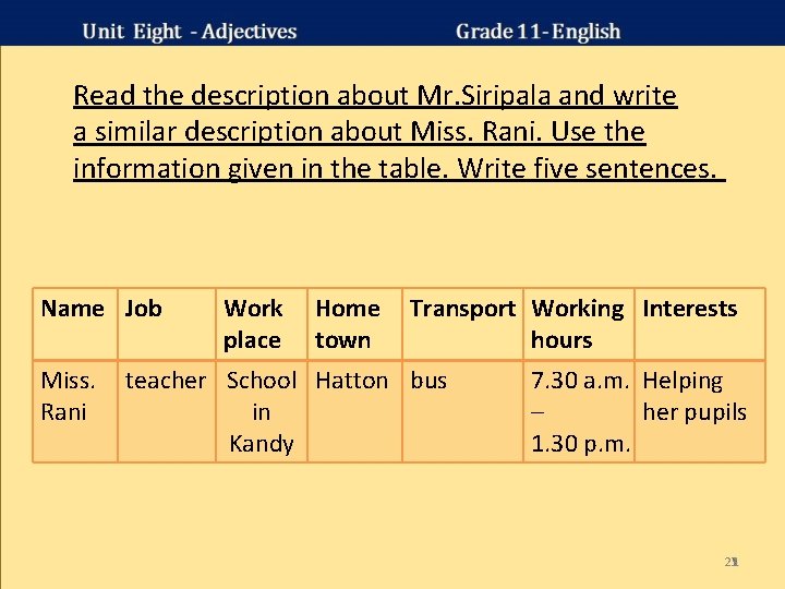Read the description about Mr. Siripala and write a similar description about Miss. Rani. Read the description about Mr. Siripala and write a similar description about Miss. Rani.
