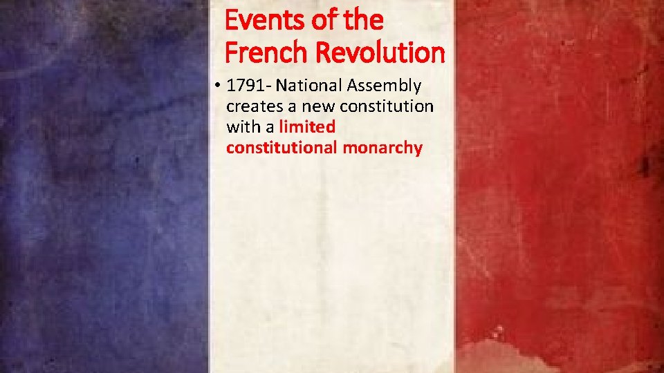 Events of the French Revolution • 1791 - National Assembly creates a new constitution