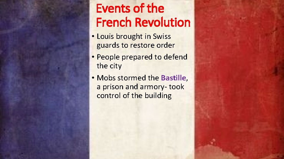 Events of the French Revolution • Louis brought in Swiss guards to restore order